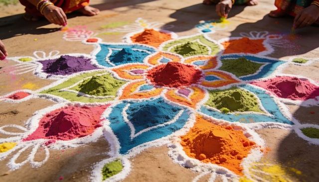 Women creating vibrant rangoli with colored powders on ground, traditional kolam art
