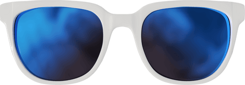 White frame sunglasses with blue lenses on transparent background