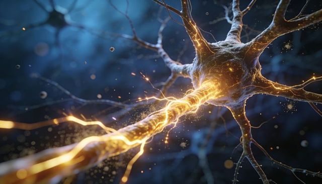 Neuron transmitting electric pulse along axon with golden synaptic sparks