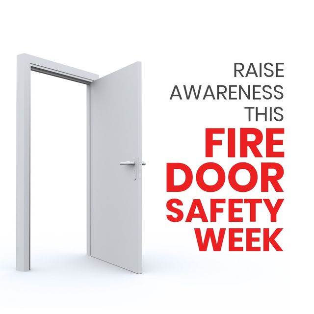 Illustration of raise awareness this fire door safety week text and open door on white background. copy space, fire door, awareness, protection and campaign concept.