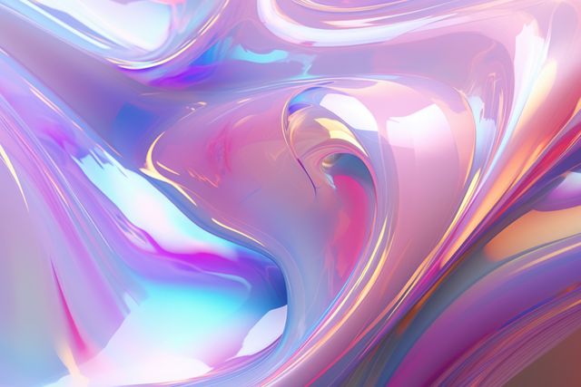 This vibrant, iridescent abstract design with pastel colors and a glossy surface is perfect for trendy design projects, digital art, or unique backgrounds for presentations. The fluid and swirled pattern adds a dynamic feel, making it suitable for modern art pieces, album covers, or website visuals desiring a contemporary touch.