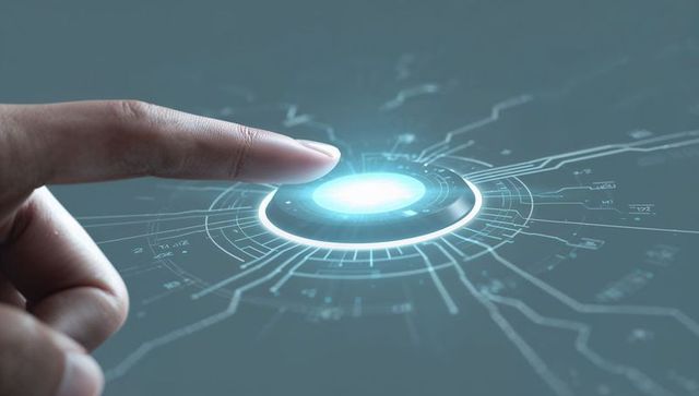 Right Index Finger Pressing Glowing Holographic Interface with Futuristic Circuit Traces