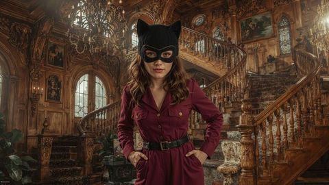 Elegant Woman in Cat-Ear Mask in Opulent Mansion Interior