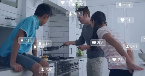 Korean dad flipping pancakes in bright white kitchen with kids and social media overlay