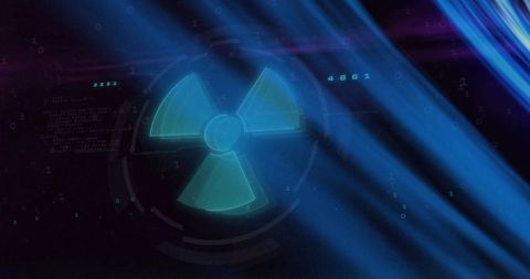 Pulsing Neon Radiation Trefoil Hologram with Futuristic HUD Rings and Digital Data Overlay