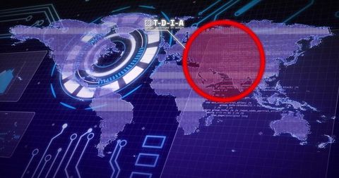 Global hud interface highlighting red threat zone over east asia with futuristic data rings