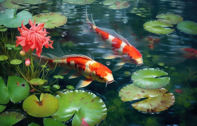 Koi fish gracefully swimming amongst lily pads in a clear pond. Surrounded by vibrant greens and pink flower adding a touch of elegance. Ideal for nature-related projects, aquatics, relaxation themes, and decorative designs.