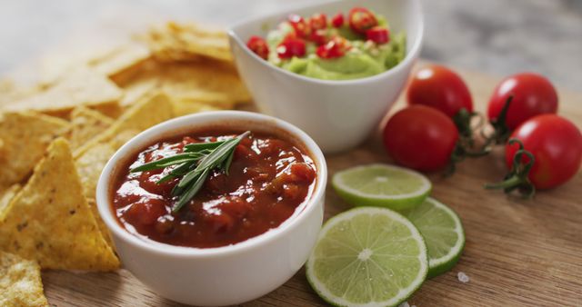 Mexican cuisine displayed with salsa and guacamole in white bowls on wooden board surrounded by sliced lime and ripe cherry tomatoes. Perfect for use in content related to traditional Mexican dishes, party appetizers, food blogs, recipes, and culinary presentations.