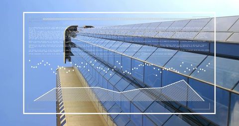 Glass skyscraper rising with maintenance platform, reflective facade and data overlay