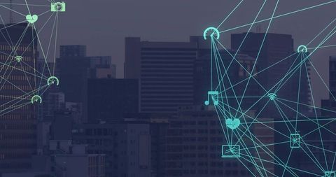 Urban Skyline with Digital Network Connectivity at Dusk