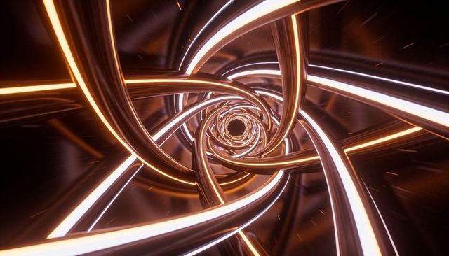 Futuristic twisting metallic spiral tunnel with glowing amber and white led ribbons