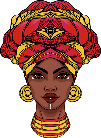 African woman with tribal paint and gold jewelry on transparent background