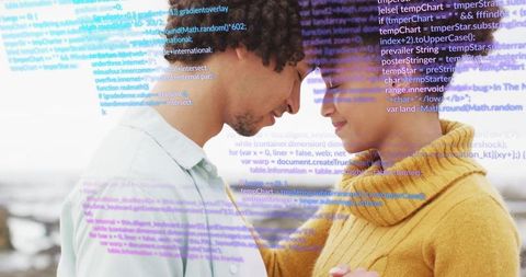 Romantic couple with digital code overlay by waterfront