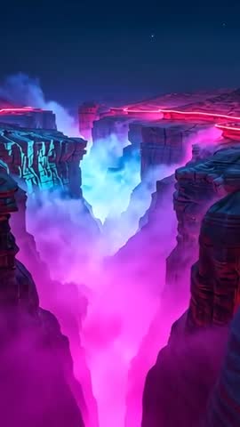 Moving camera revealing neon canyon chasm with cyan-magenta fog and pulsing rim lights