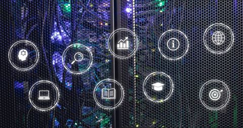 Technology Icons Over Server Room with Network Graphics - Download Free Stock Images Pikwizard.com