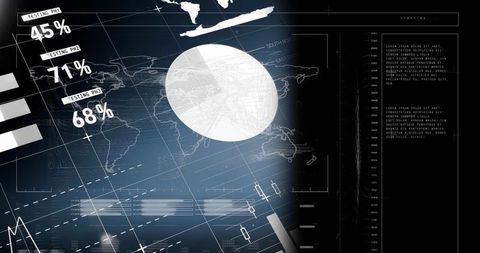 High-tech analytics dashboard overlaying global map visualization