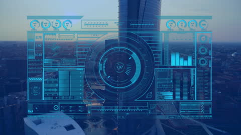 Futuristic Technological Interface Over Cityscape at Dusk