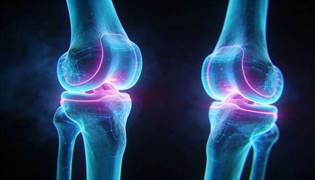 Glowing 3d knee joint visualization highlighting cartilage and bone mesh for orthopedics