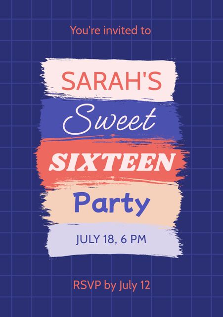 Colorful sweet sixteen invitation card features key event details over a vibrant purple background with a subtle grid pattern. Ideal for use by teens or parents to invite guests to a milestone birthday celebration. Use this image for print invitations, digital invites, or social media announcements to convey event details in a stylish manner.