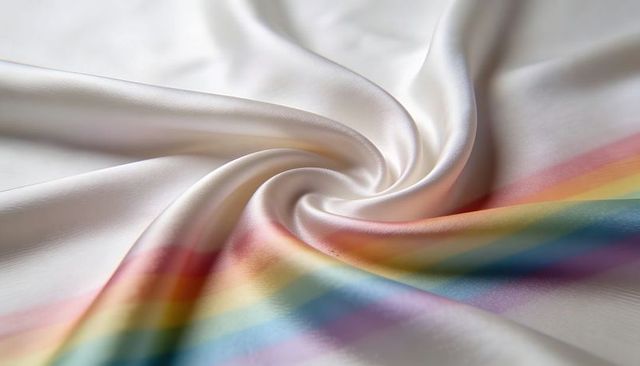 Ivory satin spiral fold with pastel rainbow stripe, glossy silk texture and gradient