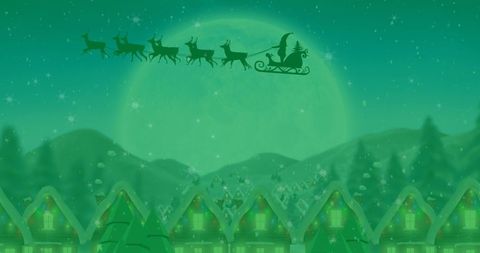 Santa and Sleigh Silhouette Over Moonlit Winter Village