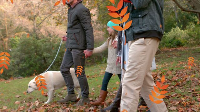 Happy family enjoying an autumn day with their dog in a park while animated fall leaves create a magical atmosphere. Perfect for use in content related to family outings, seasonal changes, togetherness, outdoor activities, or pet walking. It can illustrate concepts of bonding, relaxation, and enjoying nature.