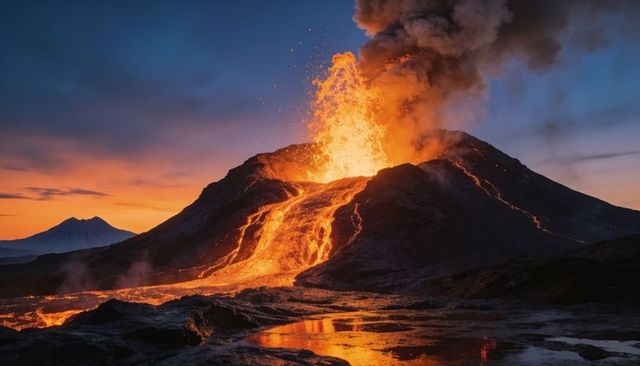 Erupting volcanic cone shooting lava fountain and cascading flows at dusk over lava field