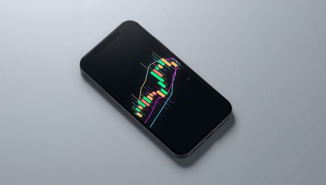 Minimalist smartphone displaying colorful candlestick trading chart with trend lines for pros