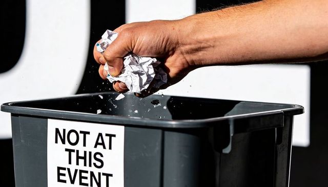 Hand squeezing crumpled paper over bin displaying not at this event sign closeup outdoor