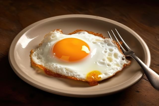 A freshly cooked fried egg sits on a plate, ready to eat. Capturing the simplicity of a classic breakfast, the image evokes a homely, comforting vibe.