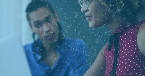 Tech professionals collaborating with digital connection overlay