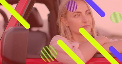 Thoughtful woman relaxing in red car with artistic overlay