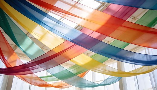 Multicolor sheer fabric ribbons flowing across skylight atrium, vibrant suspended canopy