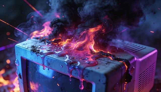 Vintage crt television melting into neon flames and smoke, emitting magenta-orange glow