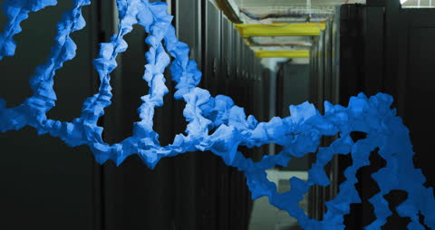 Rotating Blue DNA Strand in High-Tech Server Room