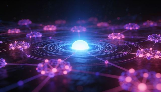 Neon network hub radiating concentric rings and radial grid connecting glowing nodes