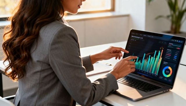 Businesswoman analyzing growth charts on laptop dashboard pointing at rising metrics