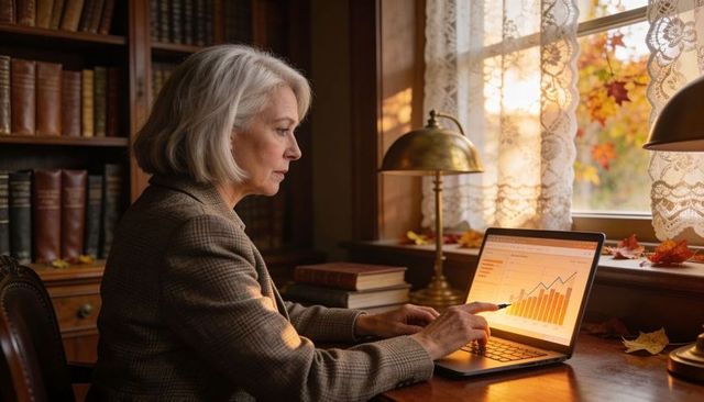 Senior woman analyzing financial charts on laptop in wood library with warm autumn light