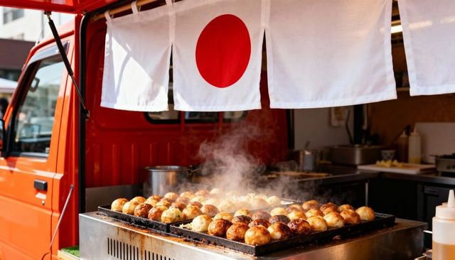 Grilling takoyaki balls at japanese street food van with noren curtain and steam