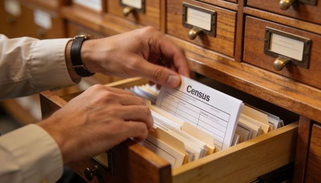 Archivist pulling census form from vintage wooden card catalog drawer for research archive