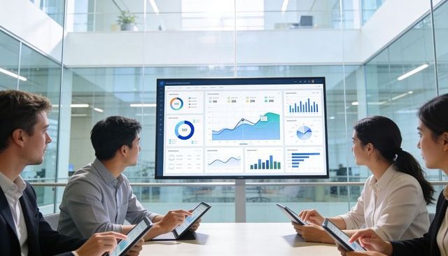 Business team analyzing kpi dashboard on large monitor during strategy meeting