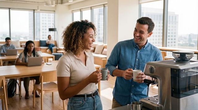 Laughing coworkers sharing coffee by espresso machine in modern open-plan office