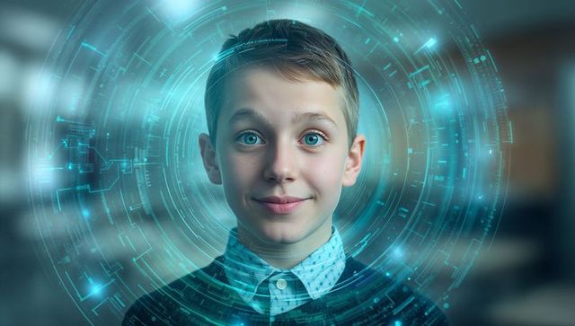 Preteen with futuristic interface displaying innovation