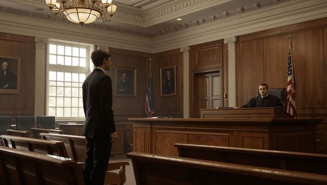 Lawyer addressing judge in classic wood-paneled courtroom under grand chandelier