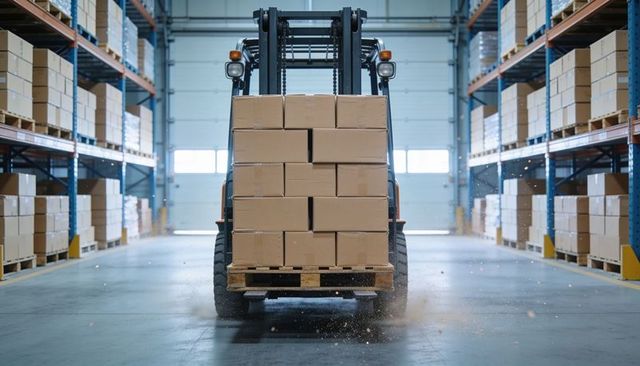 Forklift transporting stacked cardboard boxes in modern warehouse aisle for logistics