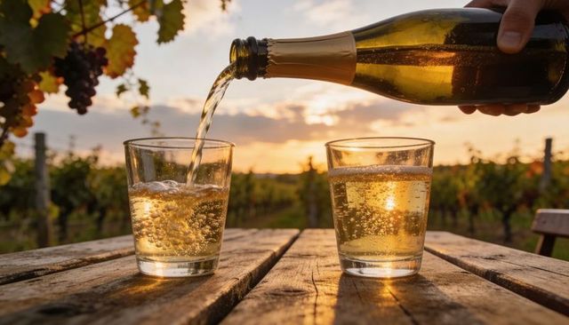 Pouring sparkling wine into glasses on rustic picnic table in vineyard at golden sunset