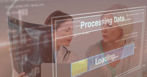 Clinician reviewing chest x-ray with patient while digital processing and loading overlay