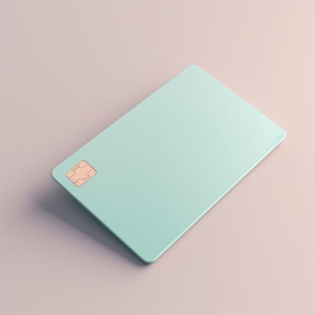 Blank blue credit card with microchip on pink, copy space, created using generative ai technology. Emv chip, banking, spending, technology and finance mock up concept digitally generated image.