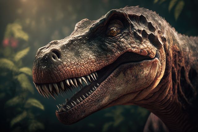 This detailed and close-up depiction of a fearsome T-Rex in a dense jungle captures the intensity and raw power of this ancient predator. Ideal for use in educational materials about dinosaurs, promotional content for movies or shows featuring prehistoric themes, and science articles exploring the Jurassic period. It evokes a sense of awe and excitement about the natural world of the past and can be used to draw attention to theme park advertisements, children's books, and science fiction narratives.