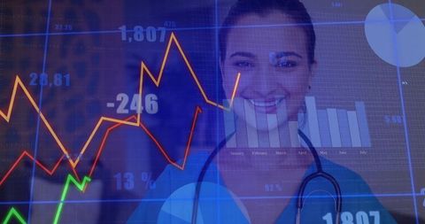Smiling Nurse Analyzing Healthcare Financial Data with Advanced Charts